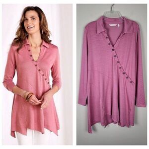 Soft Surroundings Size L Tamara Long Sleeve Asymmetrical Tunic Top Button Pink